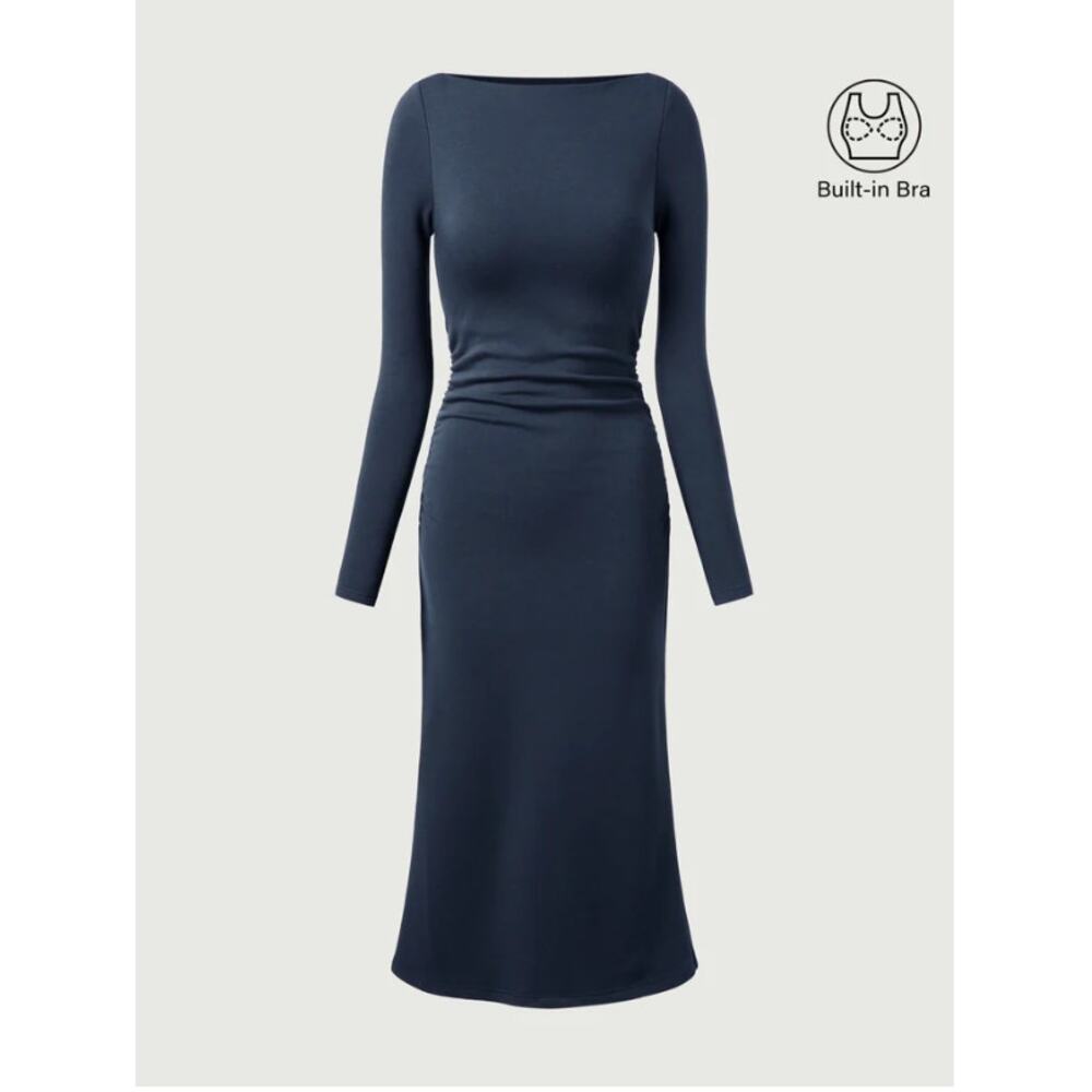 OGL Thermal Boatneck Ruched Sides Brami Midi Dress SIZE L COLOR INK BLUE